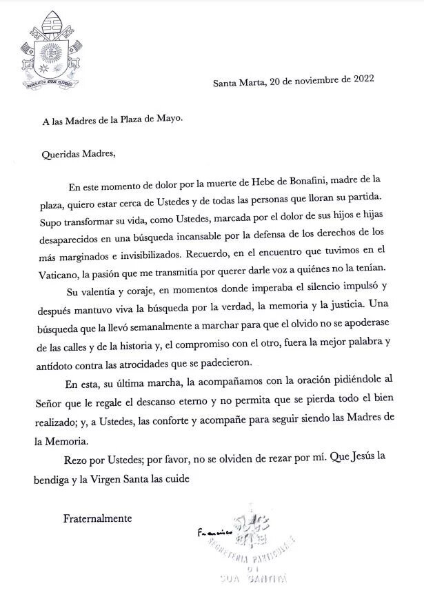 Carta del Papa Francisco por la muerte de Hebe de Bonafini